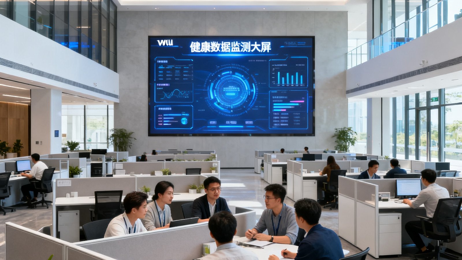 彩神Vll股份有限公司位于深圳南山科技园的总部办公大厅，开放式工位排列整齐，员工正在协作讨论，墙面LED屏实时显示健康数据监测大屏