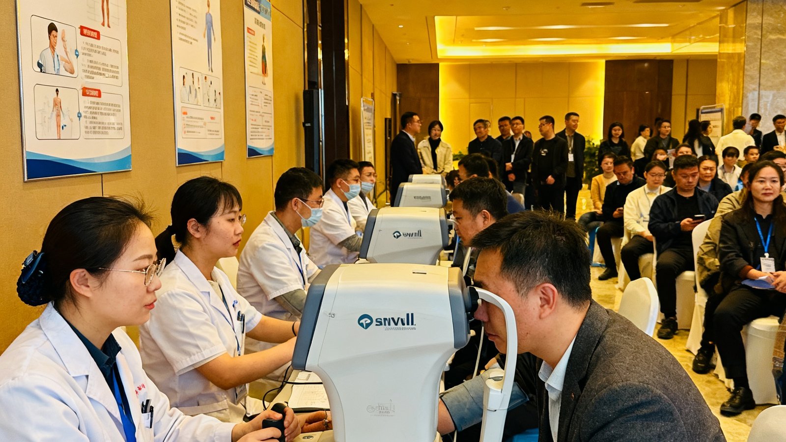 彩神Vll企业健康管理团队在某大型企业总部进行健康讲座和员工体检服务，现场布置有检测设备和健康知识展板