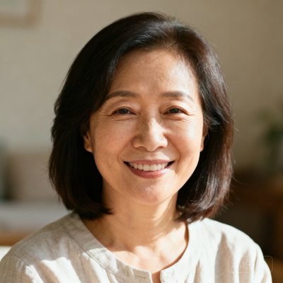 一位40岁左右的中国女性微笑头像，她留着齐肩短发，穿着浅色休闲装，背景是柔和的居家环境，表情温暖自然
