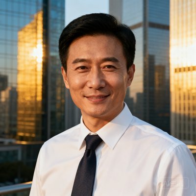 一位35岁的中国男性商务人士头像，穿着衬衫，带着自信的微笑，背景为城市高楼景观，展现职场精英气质